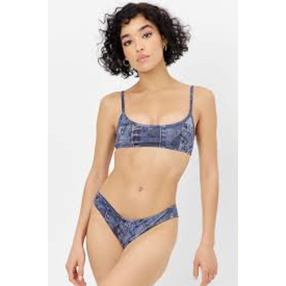 Frankies Bikinis Blue Denim Print 3 Piece Swim Set XL Dallas Anne NWT